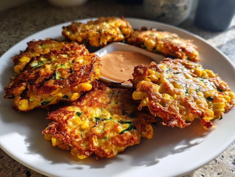 A plate of golden-brown zucchini corn fritters served with a creamy dipping sauce.