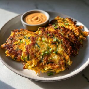 A plate of golden zucchini corn fritters served with a creamy dipping sauce.