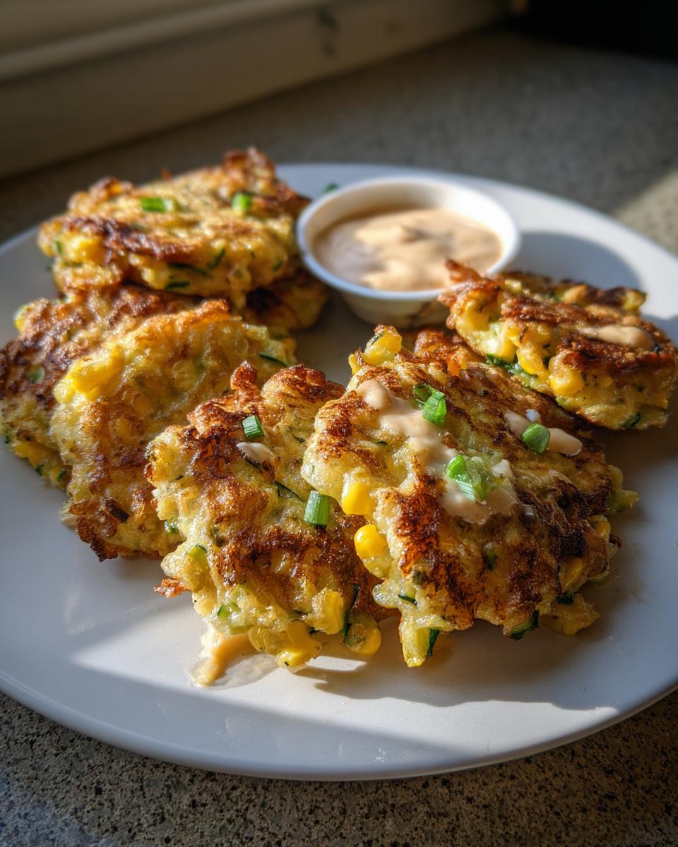 A plate of golden zucchini corn fritters served with a creamy dipping sauce and garnished with fresh chives.