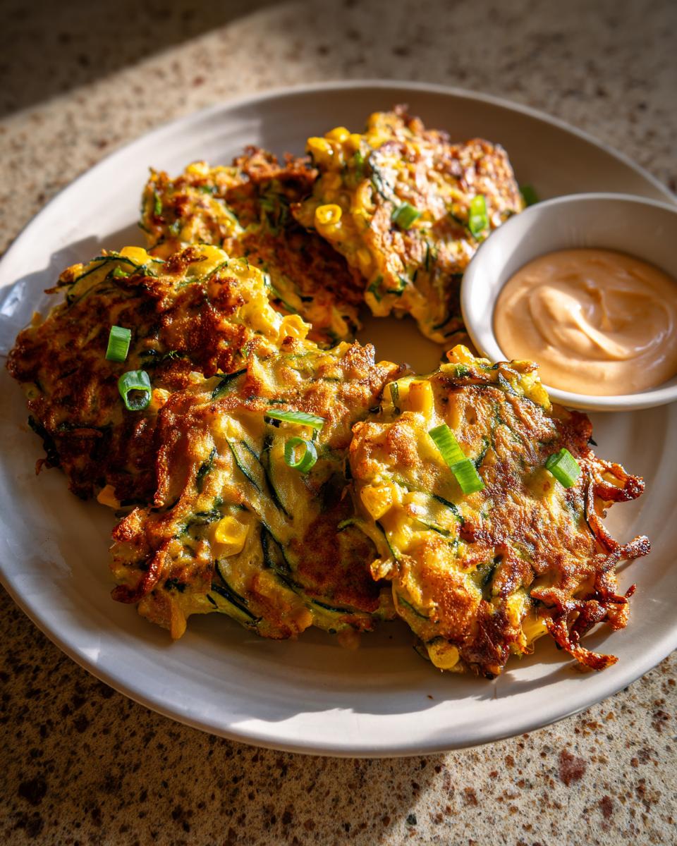 A plate of golden zucchini corn fritters, garnished with green onions, served with a creamy dipping sauce.