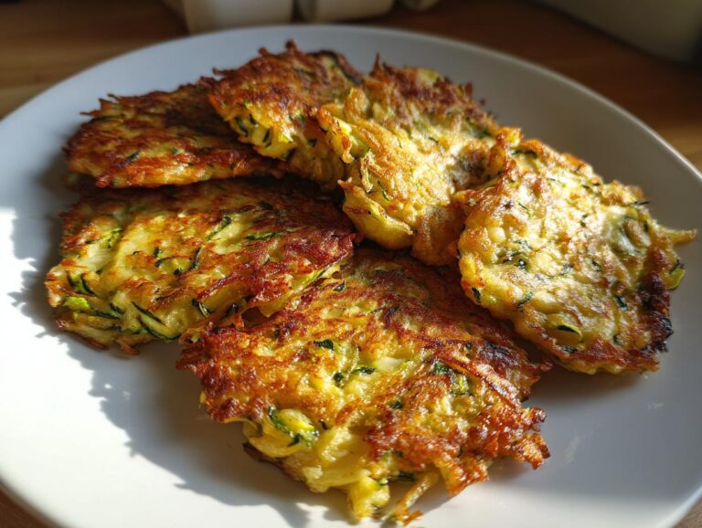 A plate of golden-brown zucchini fritters, showcasing their crispy texture and fresh zucchini.