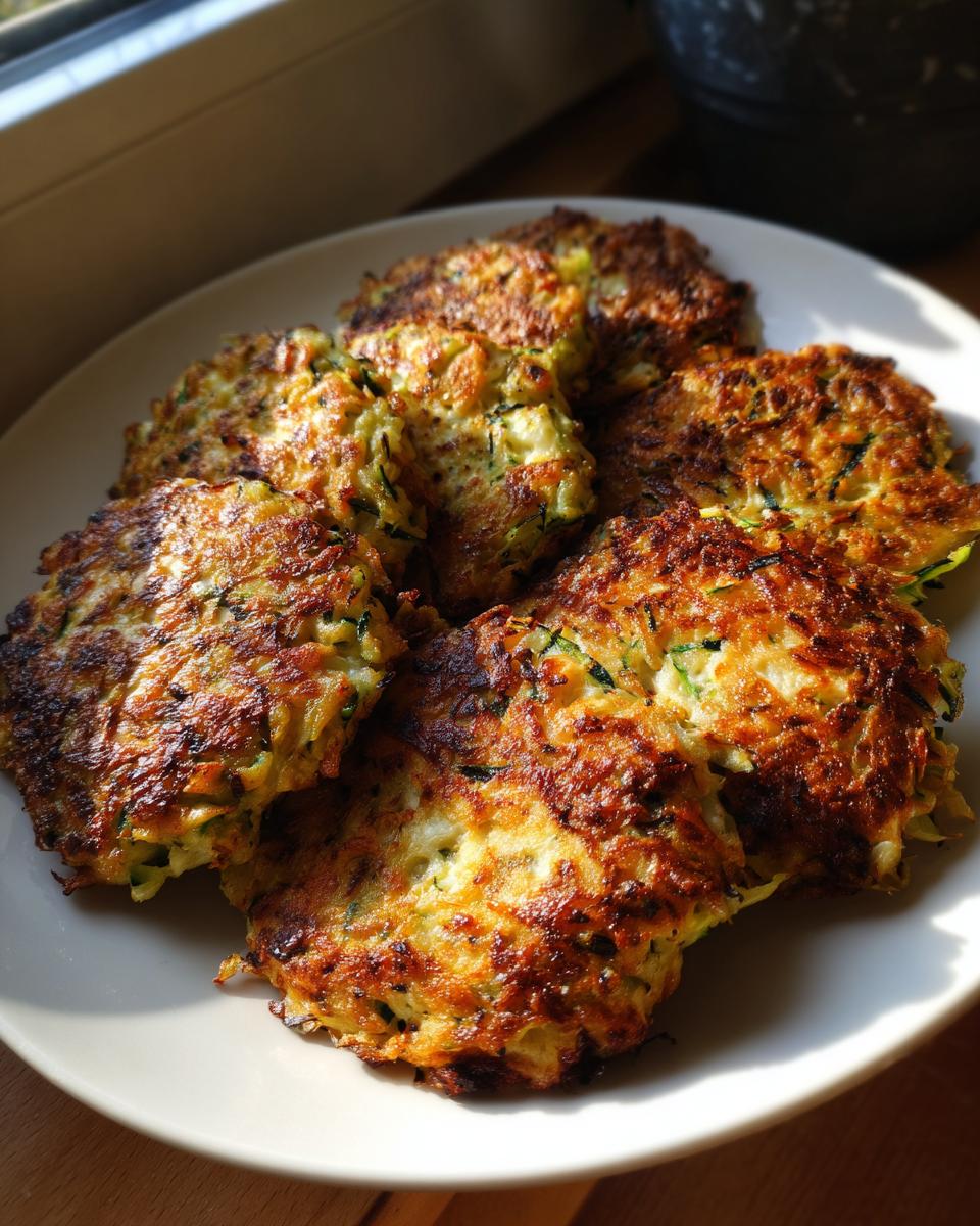 A plate of golden-brown zucchini fritters, showcasing their crispy texture and fresh ingredients.