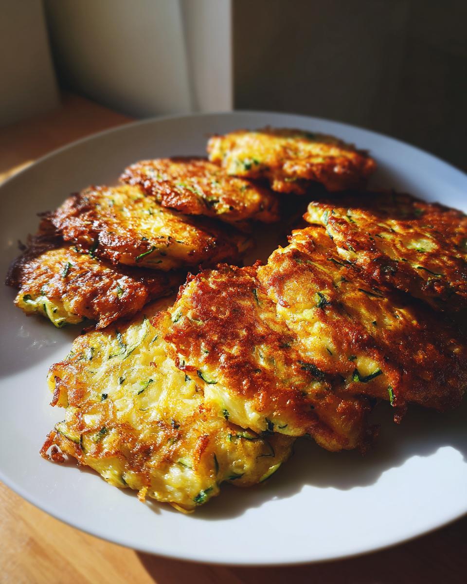A plate of golden-brown zucchini fritters, showcasing their crispy texture and fresh green zucchini.