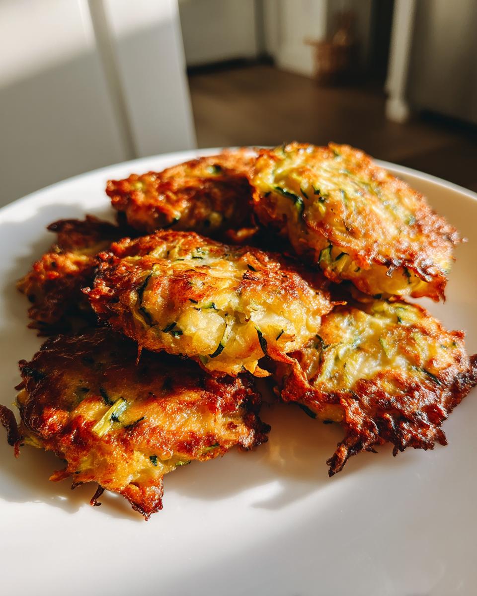 A plate of golden-brown zucchini fritters, showcasing their crispy texture and fresh zucchini.