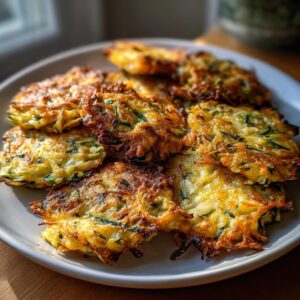 A plate of freshly cooked zucchini fritters, golden brown and crispy, ready to be served.