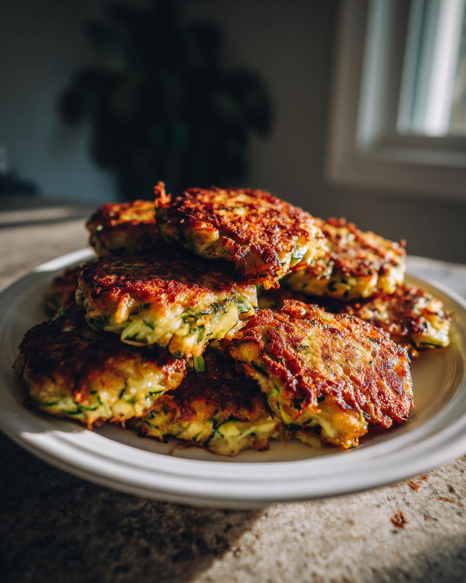 A stack of golden-brown zucchini fritters on a white plate, ready to be enjoyed.