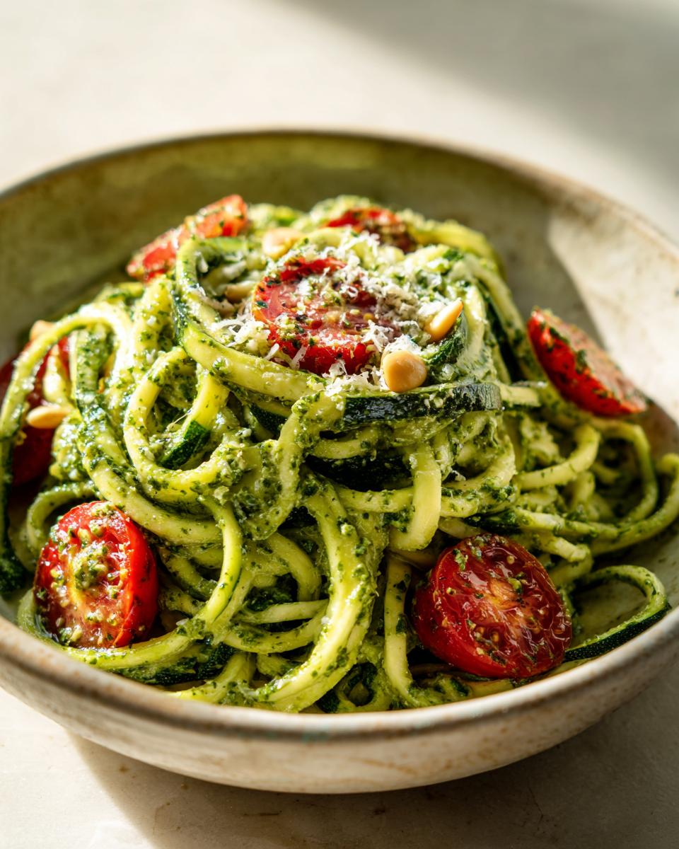 A vibrant bowl of zucchini noodle pesto salad with cherry tomatoes, parmesan, and pine nuts.