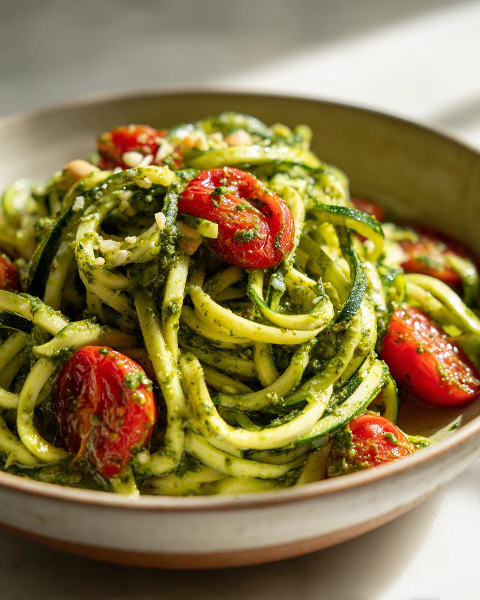Close-up of zucchini noodle pesto salad with cherry tomatoes in a bowl.