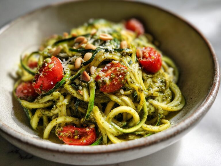 A bowl of vibrant zucchini noodle pesto salad with cherry tomatoes and pine nuts.