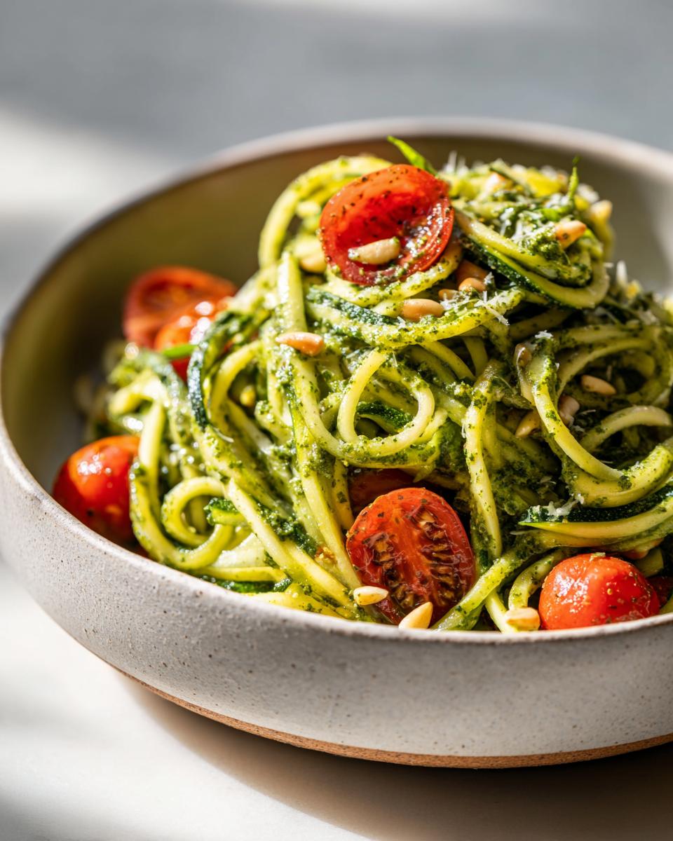 Close-up of zucchini noodle pesto salad in a bowl, garnished with cherry tomatoes and pine nuts.