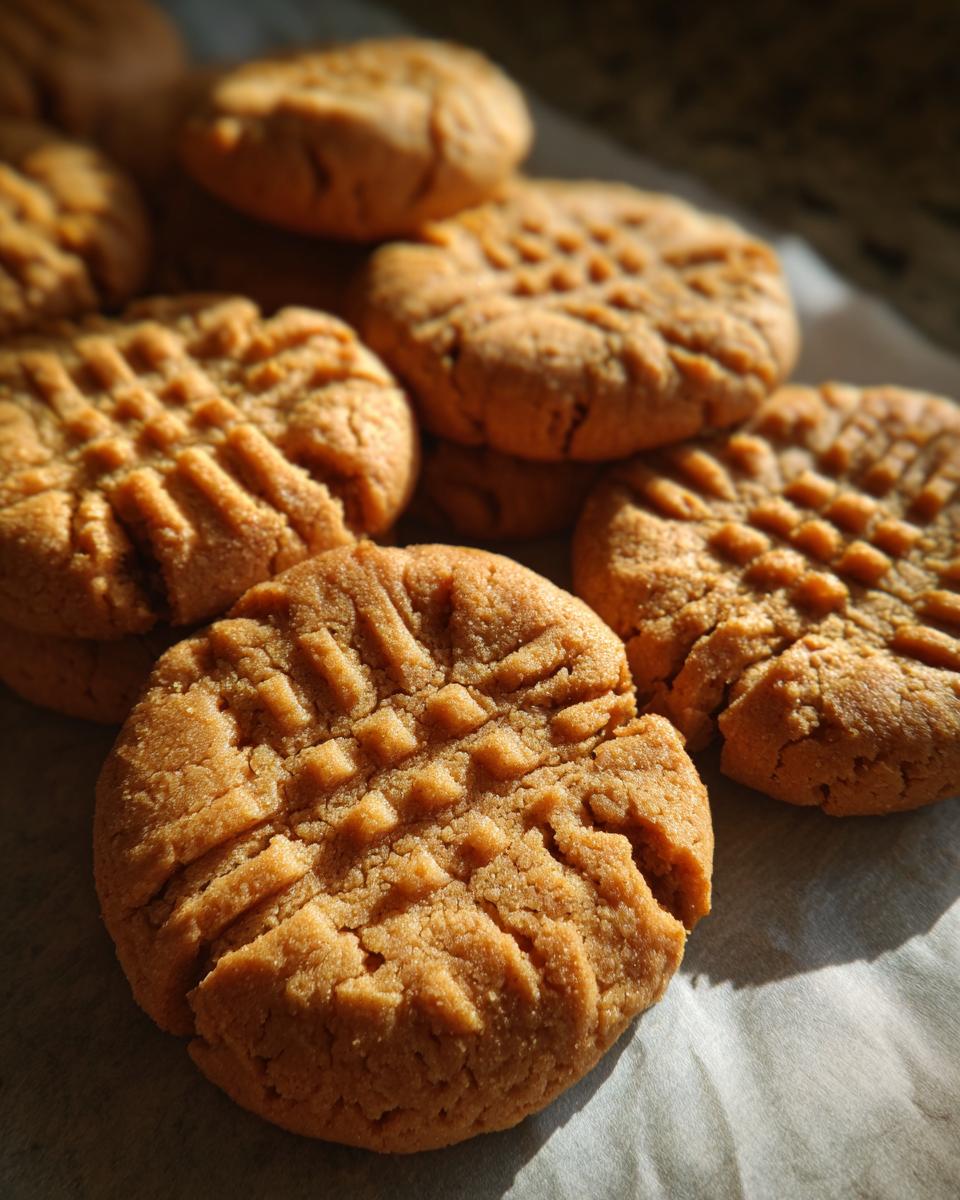 Close-up of several freshly baked 3-Ingredient Peanut Butter Cookies with a fork pattern on top.
