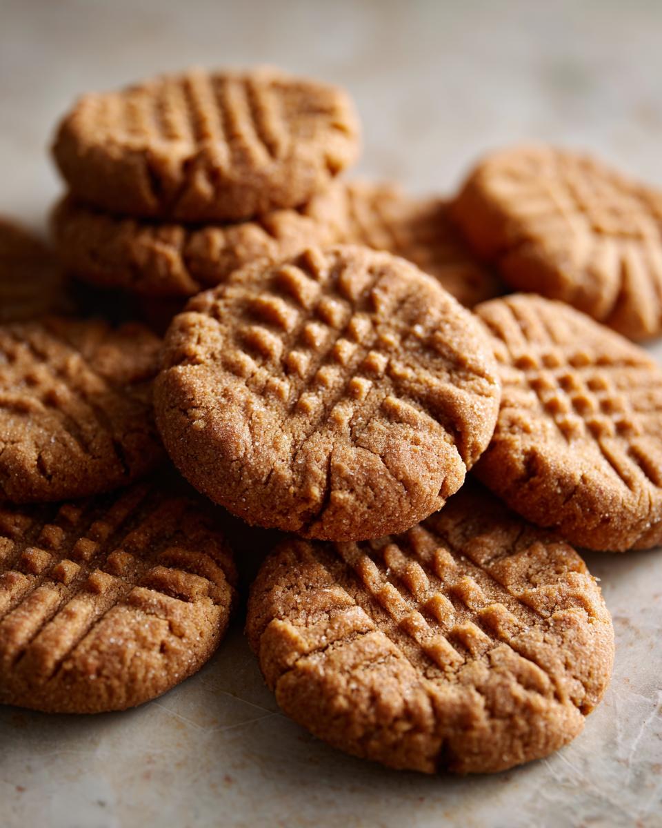 A tempting pile of freshly baked 3-Ingredient Peanut Butter Cookies, showcasing their classic fork-pressed pattern.