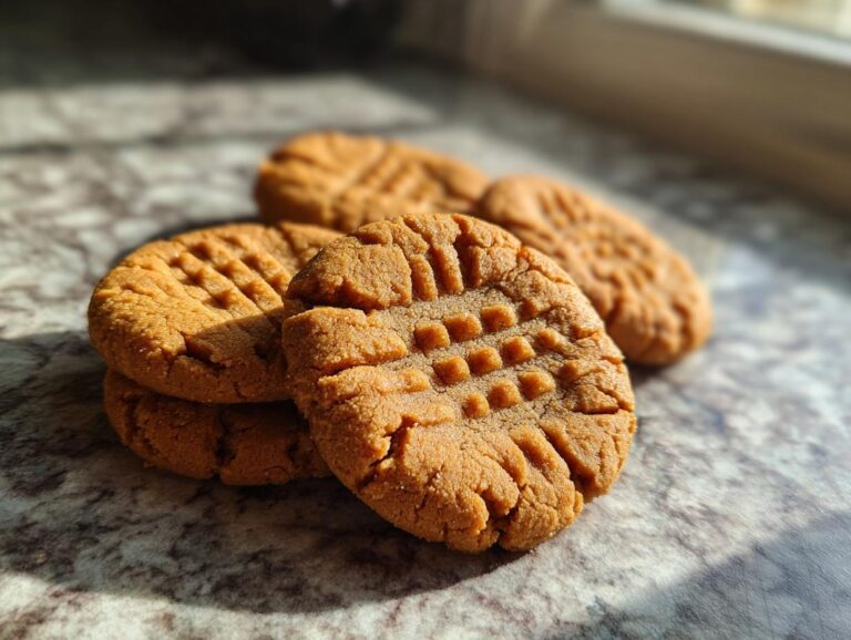 A stack of freshly baked 3-Ingredient Peanut Butter Cookies with a classic fork pattern.