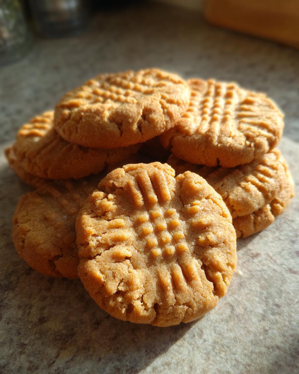A stack of freshly baked 3-Ingredient Peanut Butter Cookies, showing their classic crosshatch pattern.