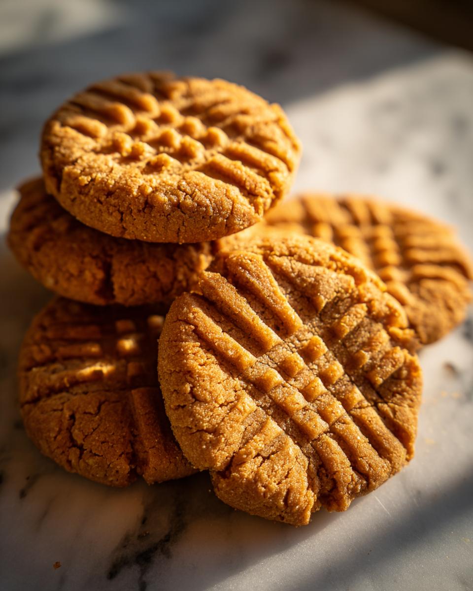 A stack of freshly baked 3-Ingredient Peanut Butter Cookies on a marble surface, showcasing their classic fork-pressed pattern.