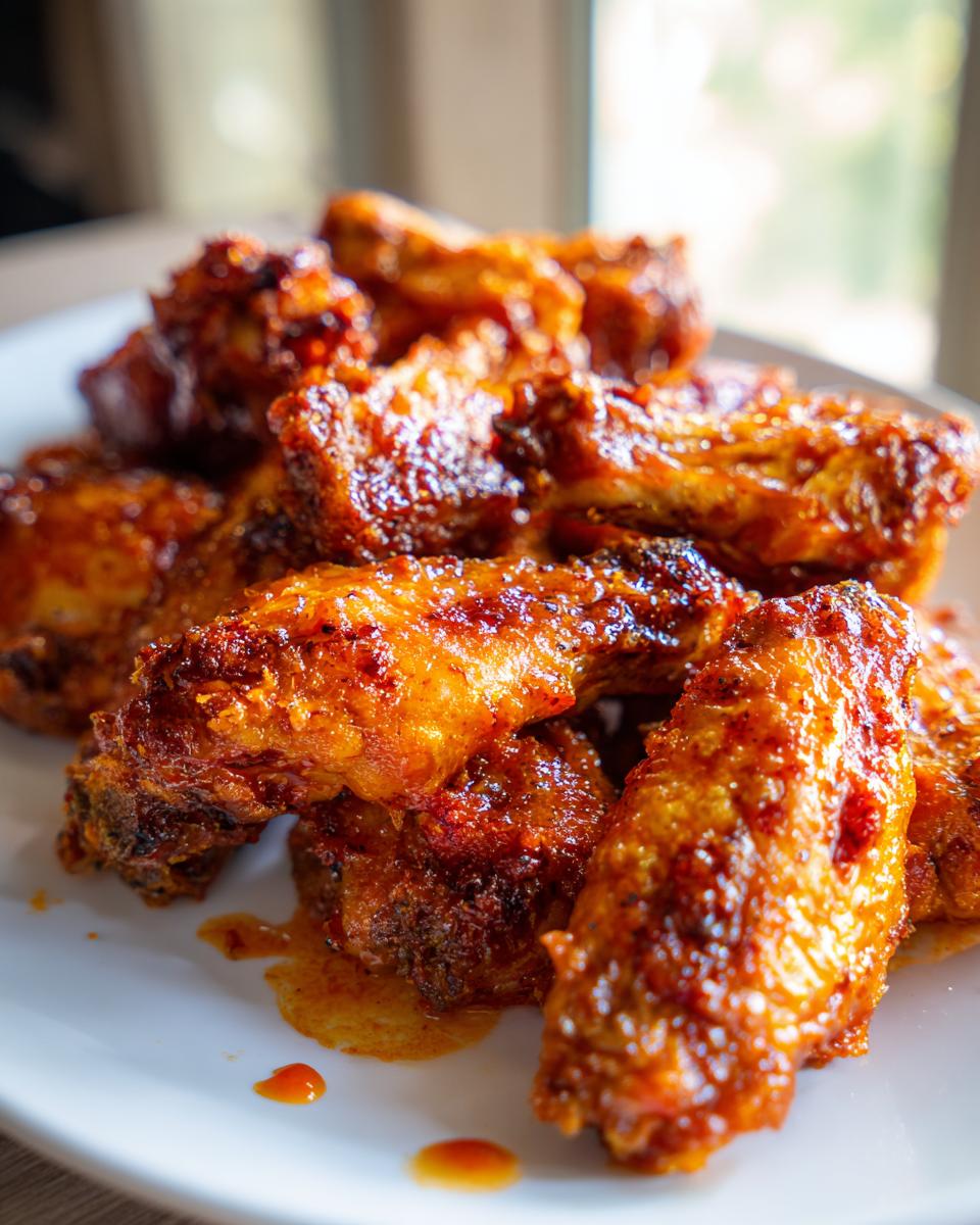 A close-up of crispy Air Fryer Chicken Wings on a white plate, glistening with sauce.
