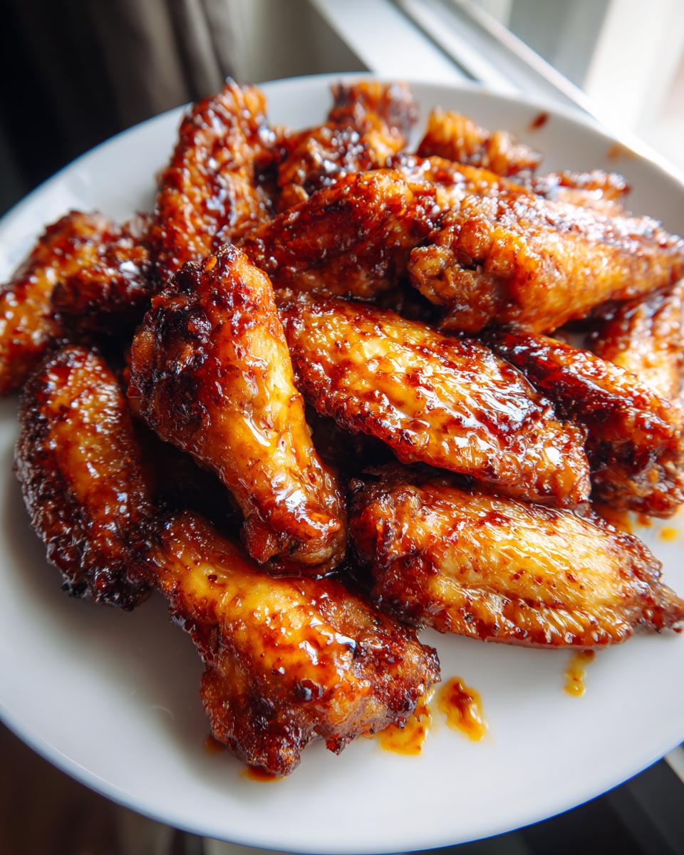 A plate of golden brown, crispy Air Fryer Chicken Wings coated in a delicious sauce.