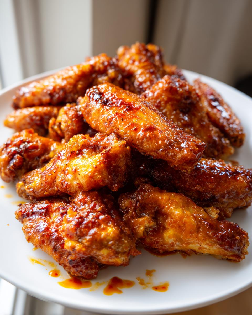A plate piled high with glazed, crispy Air Fryer Chicken Wings, ready to eat.