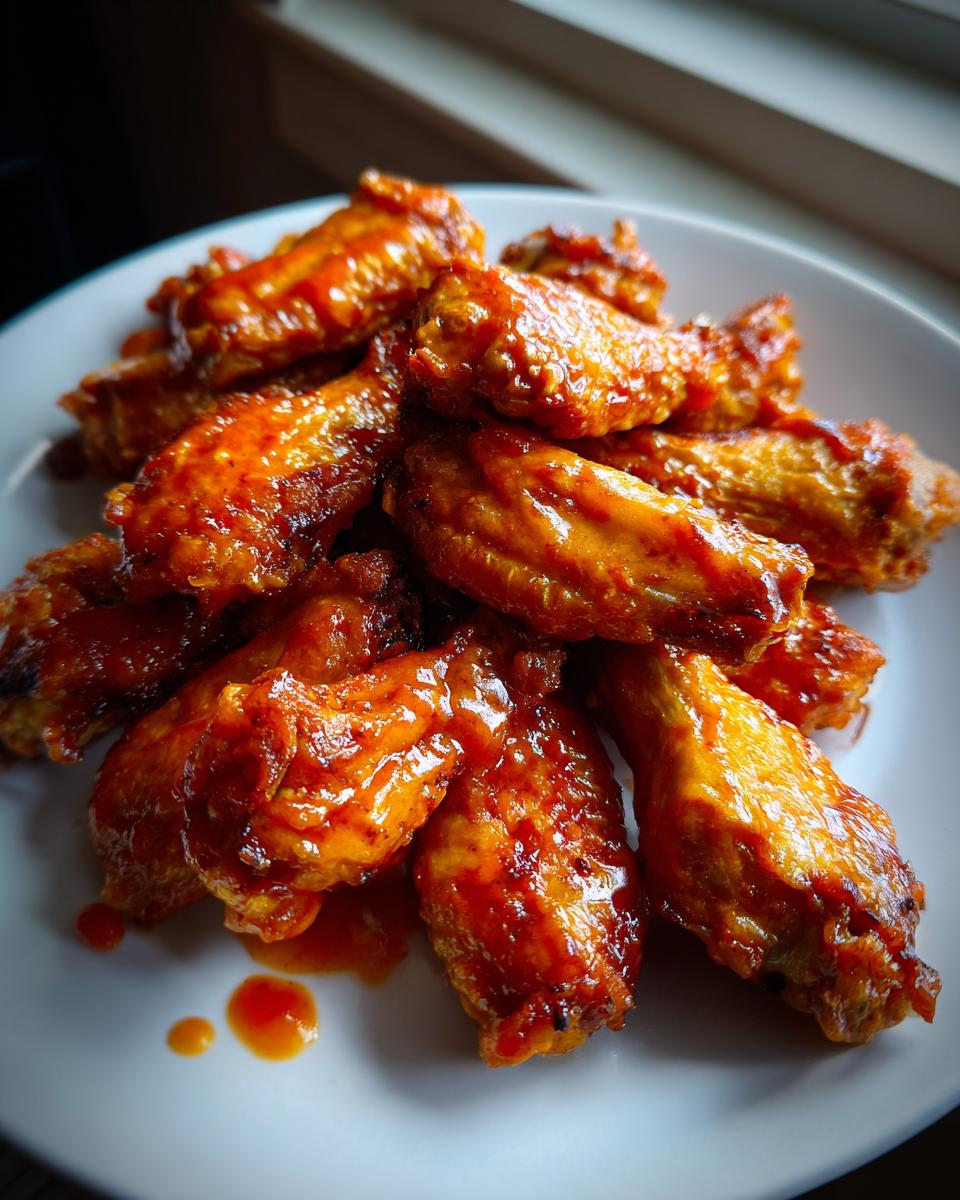 A plate piled high with glistening, crispy Air Fryer Chicken Wings coated in a vibrant red sauce.