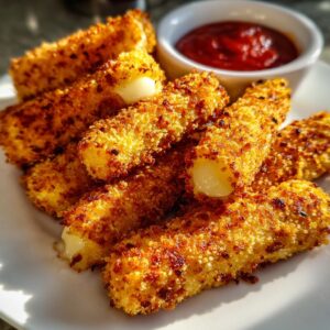 A plate of crispy, golden Air Fryer Mozzarella Sticks with melted cheese oozing out, served with marinara sauce.