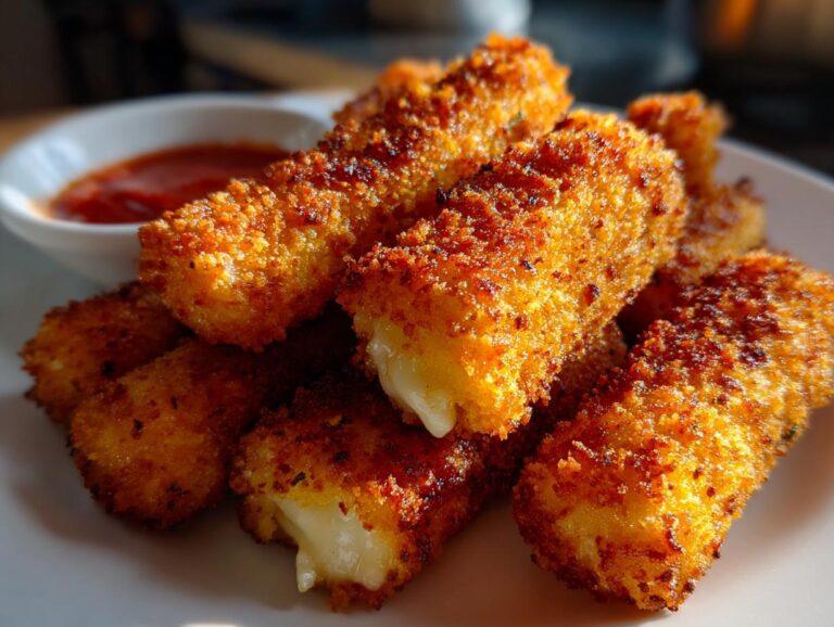 A pile of crispy, golden Air Fryer Mozzarella Sticks served with marinara sauce for dipping.