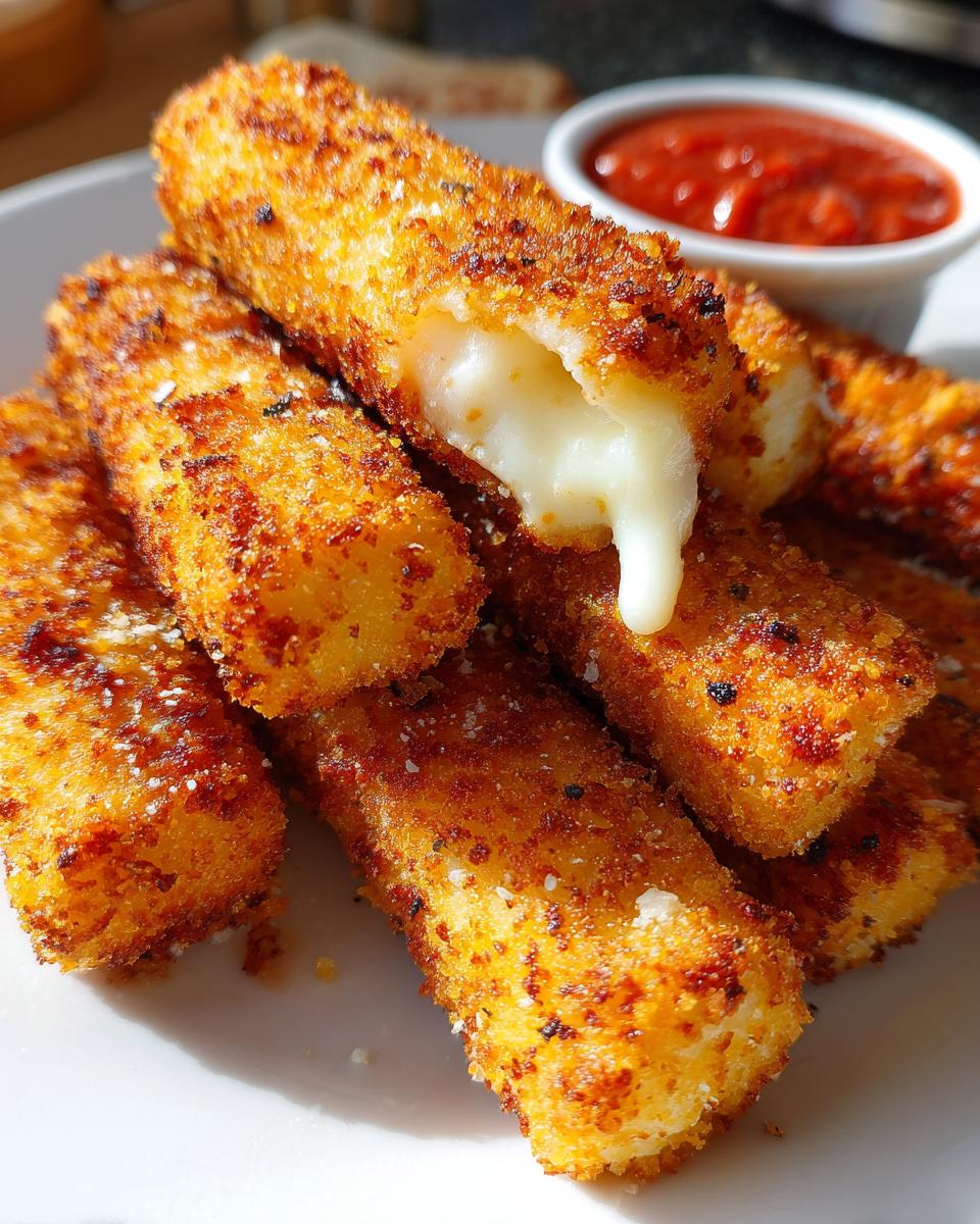 Golden brown Air Fryer Mozzarella Sticks on a plate with melted cheese and marinara sauce for dipping.