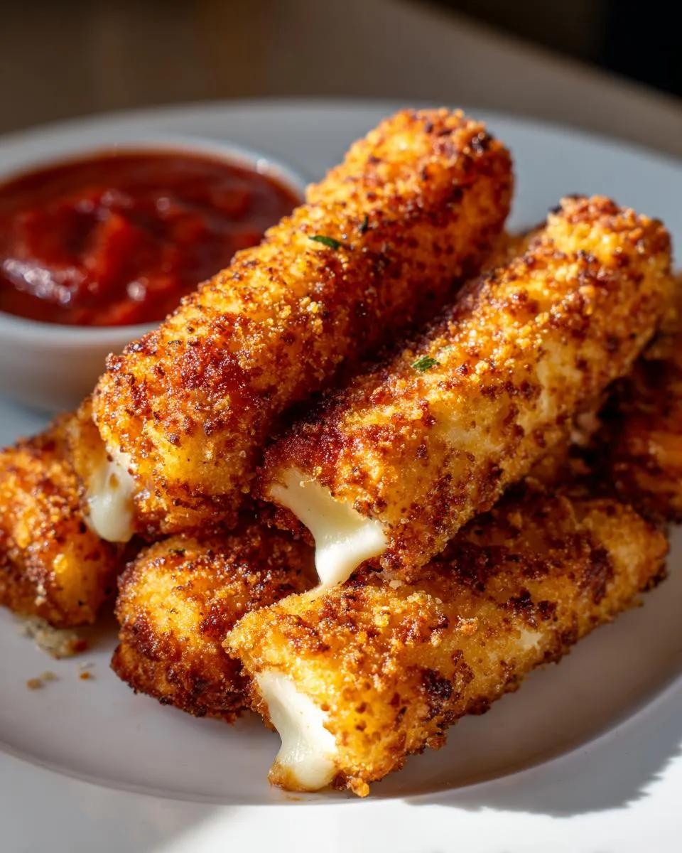 A stack of golden brown Air Fryer Mozzarella Sticks on a plate with a side of marinara sauce.