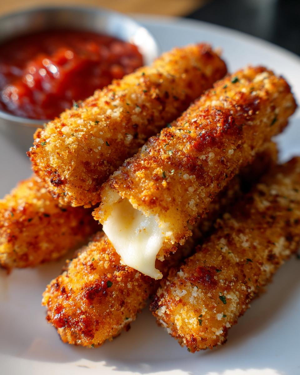 A stack of crispy Air Fryer Mozzarella Sticks with melted cheese and marinara sauce for dipping.
