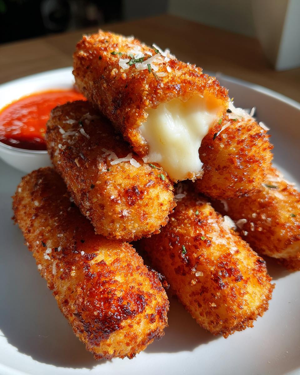 A stack of crispy Air Fryer Mozzarella Sticks with melted cheese oozing out, served with marinara sauce.