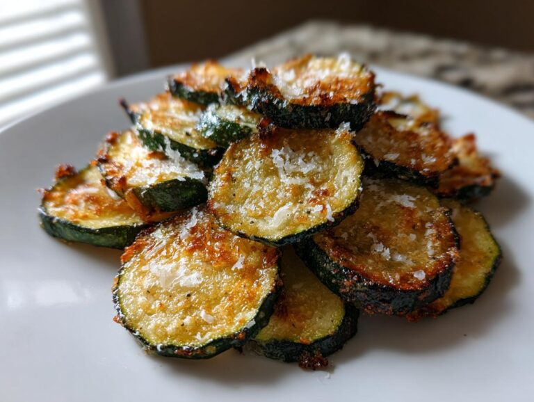 Pile of golden brown air fryer zucchini chips on a white plate, sprinkled with parmesan cheese.