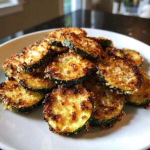 A plate piled high with golden brown, crispy air fryer zucchini chips, ready to eat.