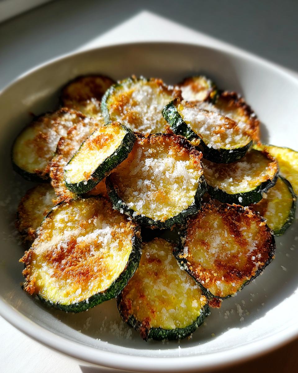 A bowl of golden brown air fryer zucchini chips, sprinkled with parmesan cheese.