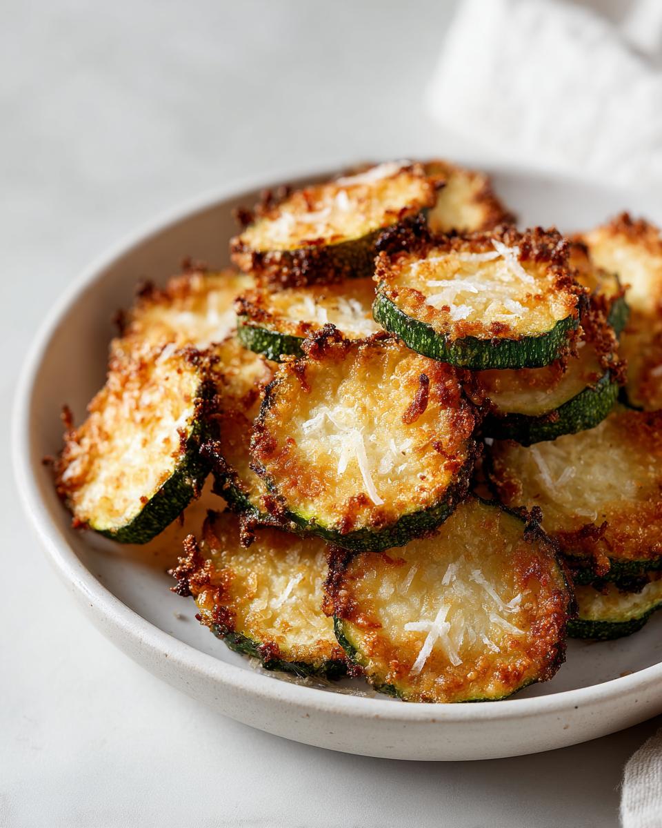 A bowl of golden brown air fryer zucchini chips, topped with parmesan cheese.