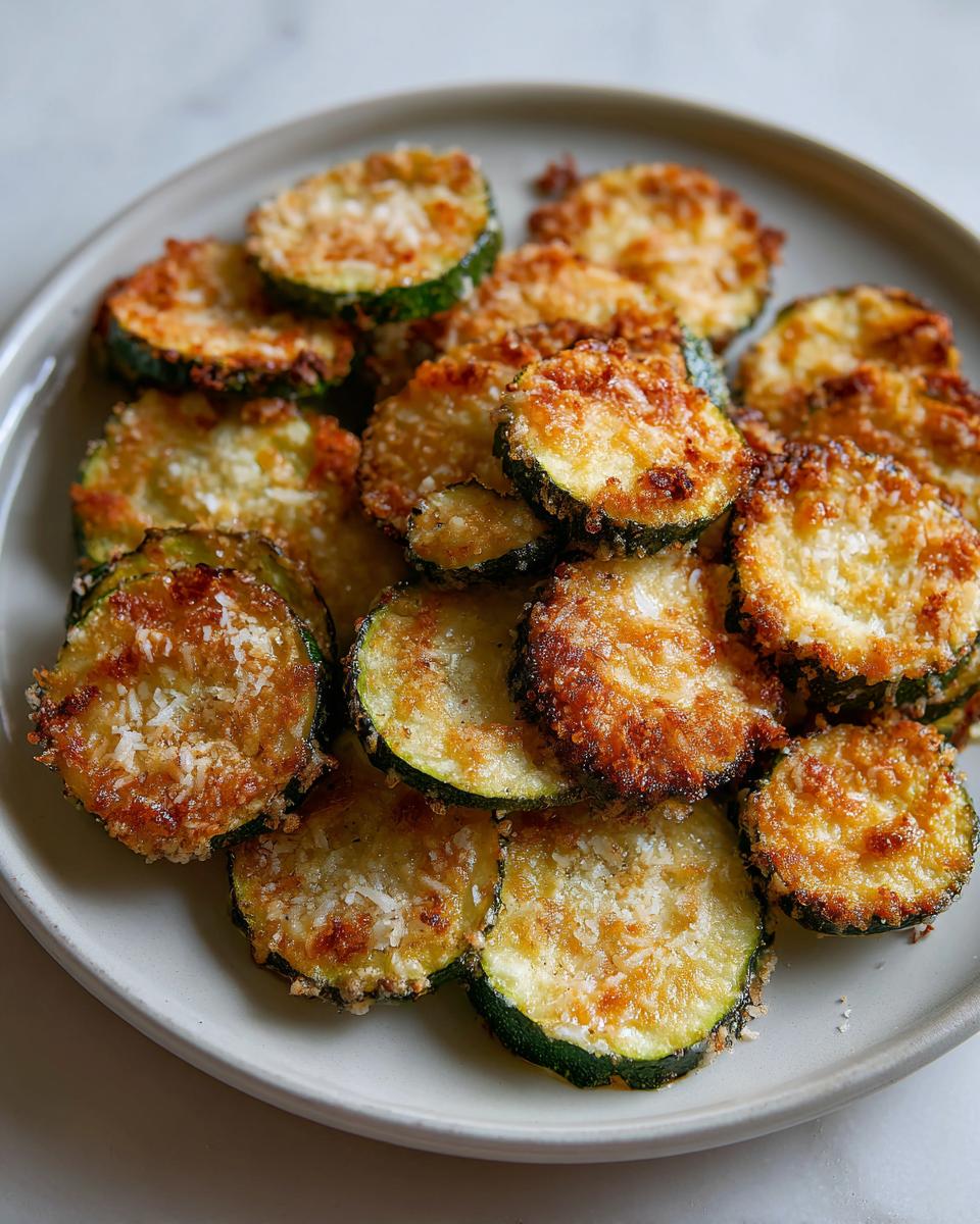 A plate of golden brown air fryer zucchini chips, lightly sprinkled with parmesan cheese.