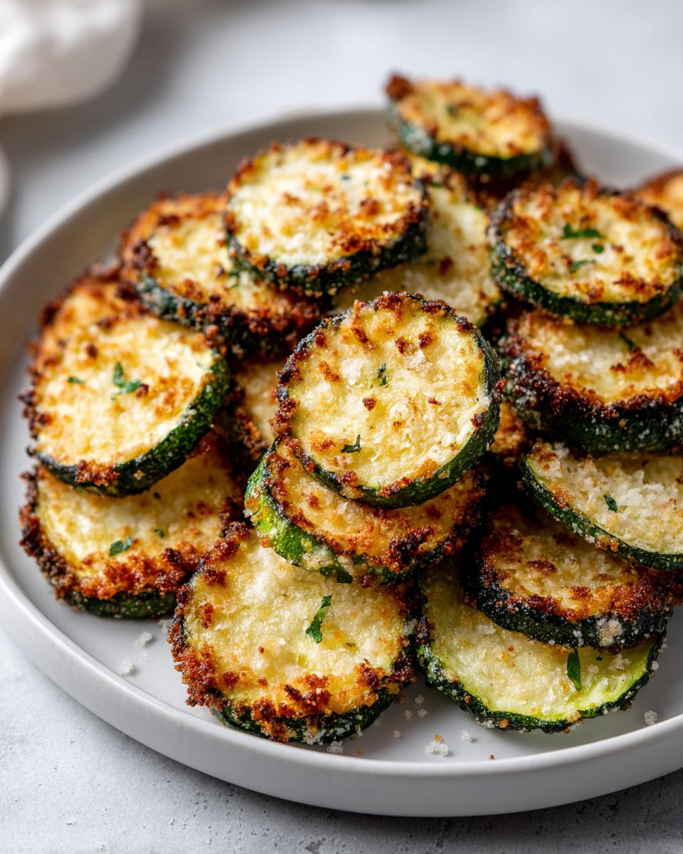 A plate of golden brown air fryer zucchini chips, seasoned and ready to eat.