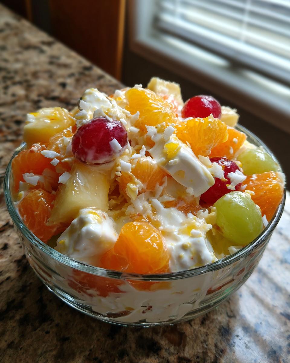 A bowl of Ambrosia fruit salad with oranges, pineapple, grapes, cherries, yogurt and coconut.