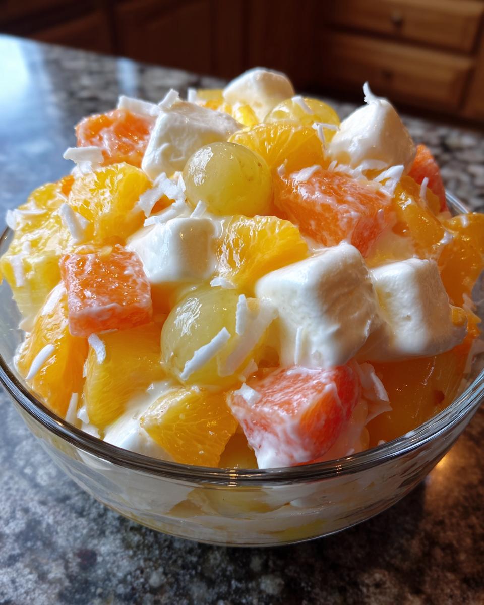A close-up of a bowl of Ambrosia fruit salad with oranges, grapes, marshmallows, and coconut.