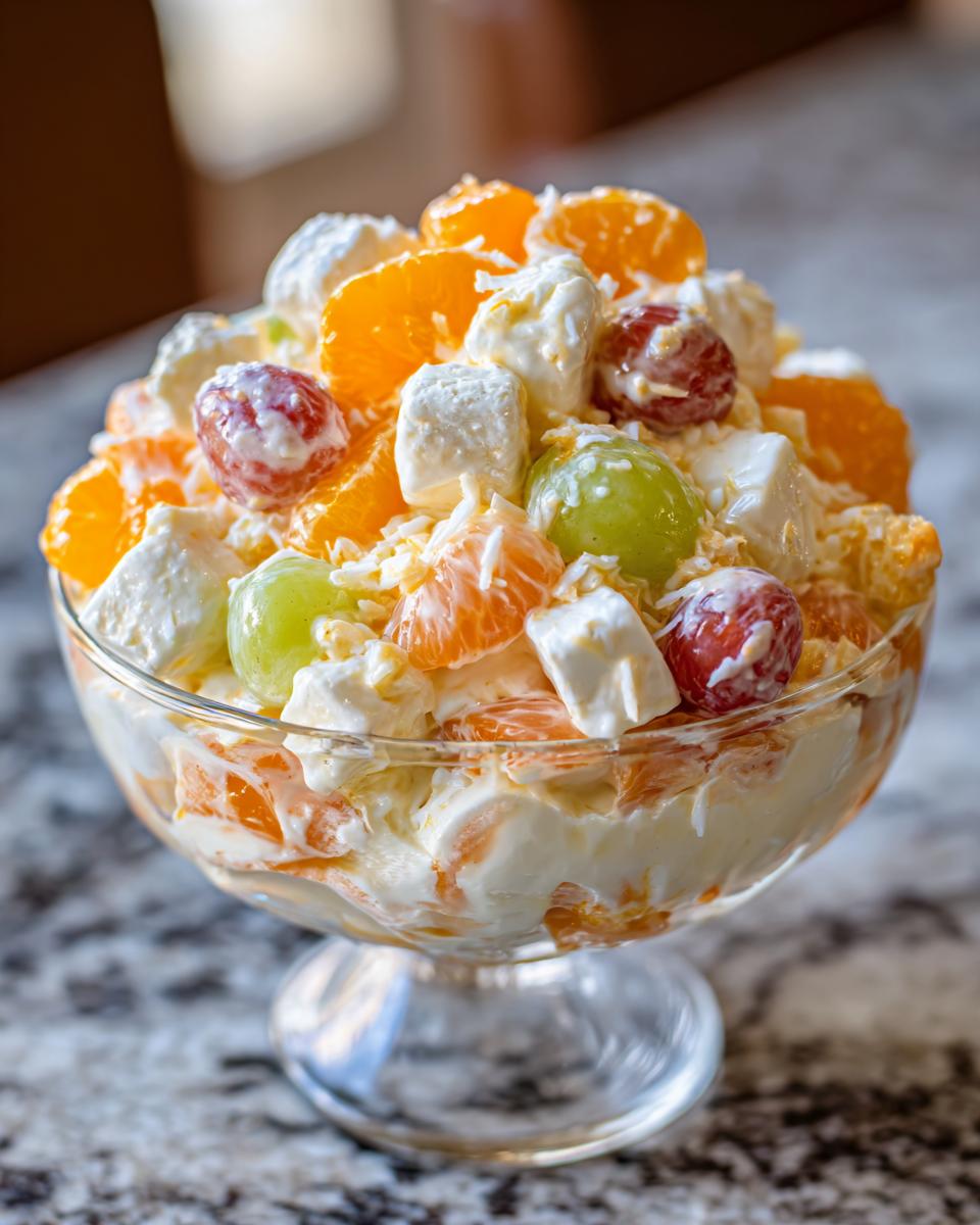 A vibrant Ambrosia fruit salad in a glass bowl, featuring oranges, grapes, marshmallows, and coconut.