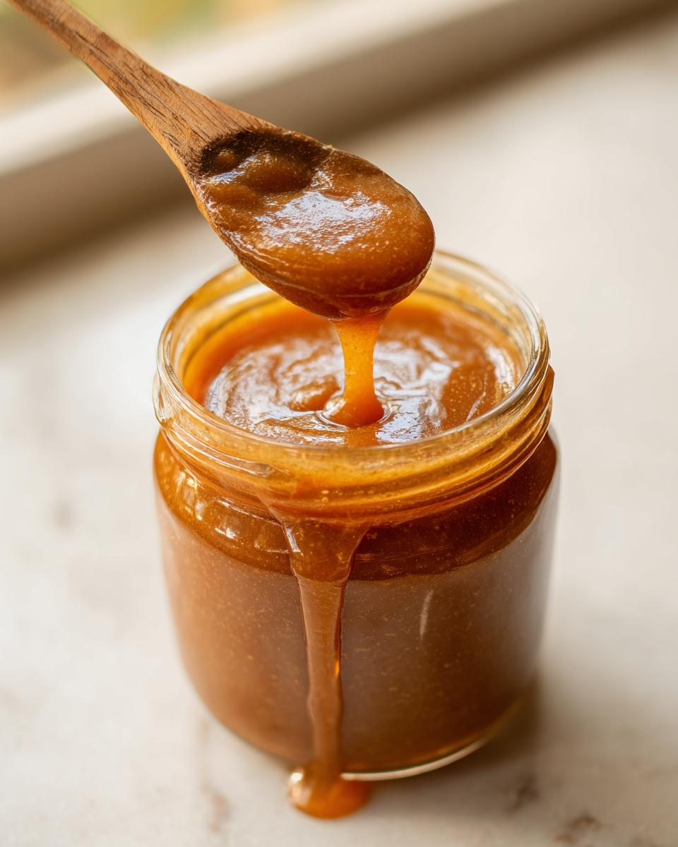 Wooden spoon dripping with delicious homemade apple butter over a glass jar filled with apple butter.