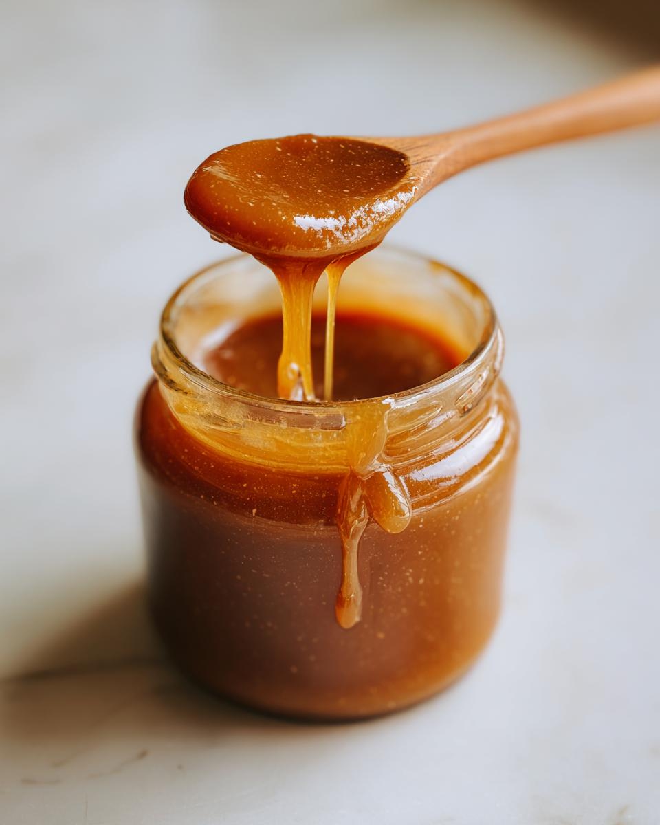 Close-up of a jar of homemade apple butter with a spoonful being drizzled back in.