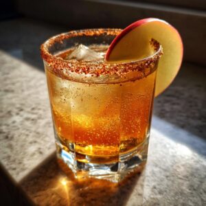 Close-up of an Apple Cider Margarita in a glass with a chili-lime rim and apple slice garnish.
