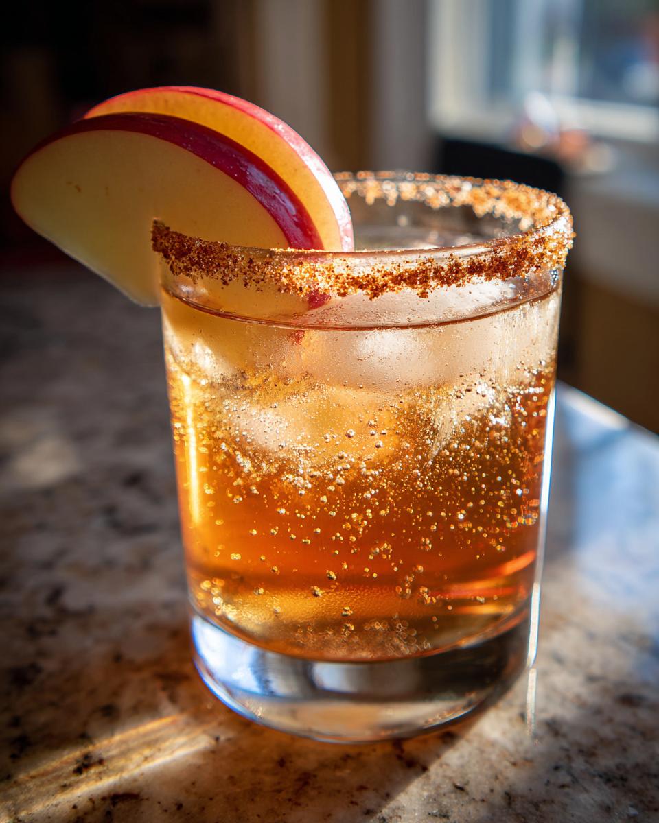 Close-up of an Apple Cider Margarita with a cinnamon sugar rim and apple slice garnish.