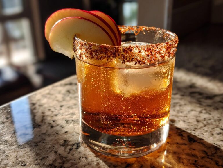 An Apple Cider Margarita in a glass with a spiced rim and apple slice garnish.