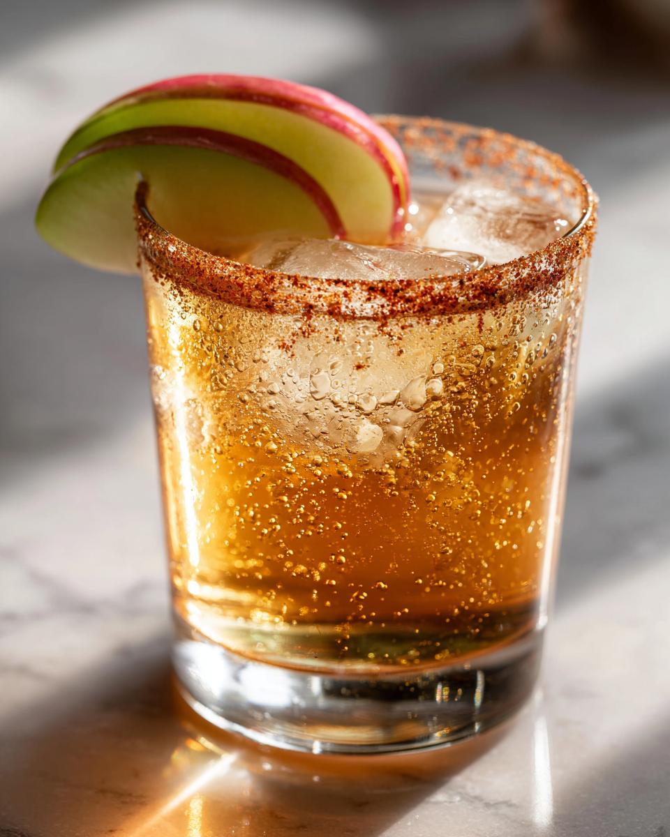 A glass of Apple Cider Margarita with ice, a spiced rim, and garnished with apple slices.