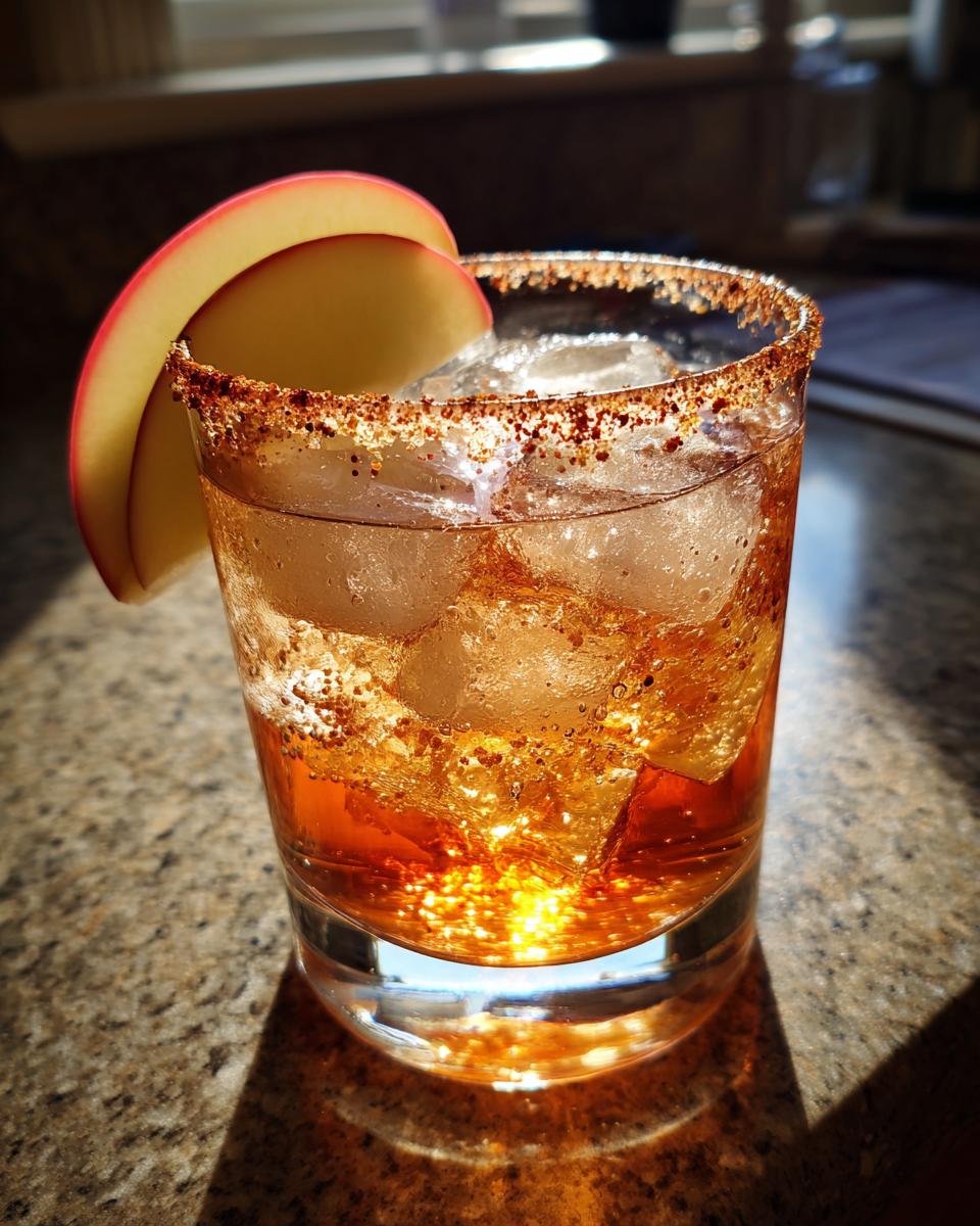 A refreshing Apple Cider Margarita with ice, a cinnamon-sugar rim, and an apple slice garnish.