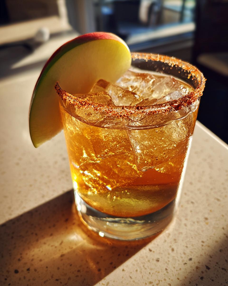A delicious Apple Cider Margarita in a glass with ice, a spiced rim, and an apple slice garnish.