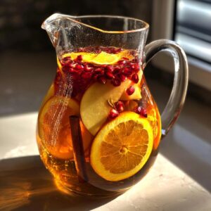 Pitcher of Apple Cider Sangria with apple slices, oranges, cinnamon sticks, and pomegranate seeds.