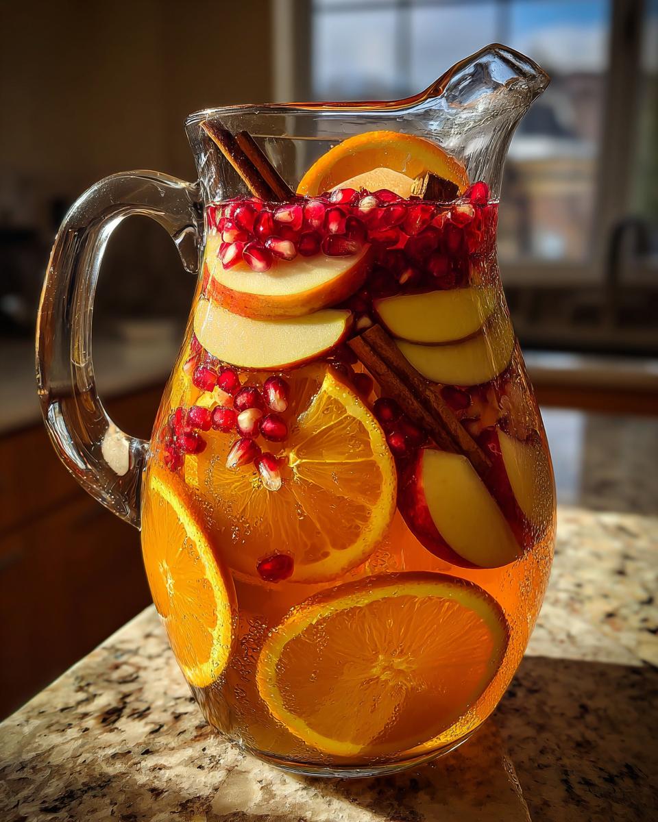 A glass pitcher filled with Apple Cider Sangria, featuring apple slices, oranges, pomegranate seeds, and cinnamon sticks.
