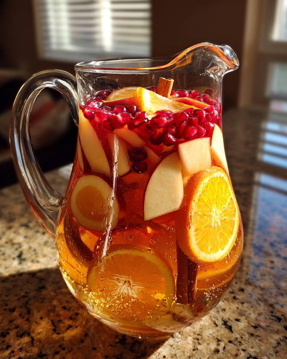 A glass pitcher filled with Apple Cider Sangria, featuring apples, oranges, pomegranate seeds, and cinnamon sticks.
