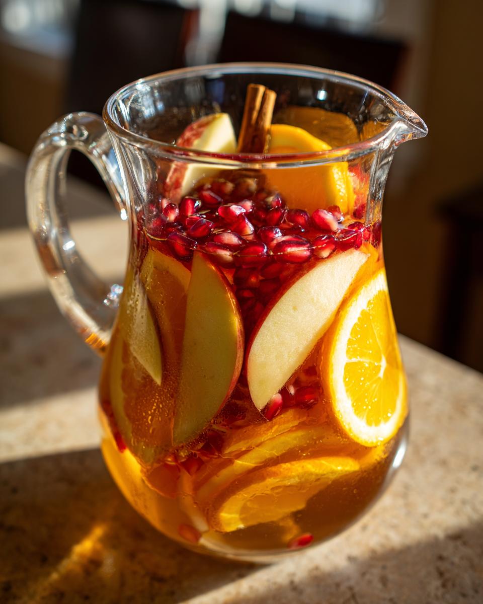 A glass pitcher filled with Apple Cider Sangria, featuring apple slices, oranges, and pomegranate seeds.